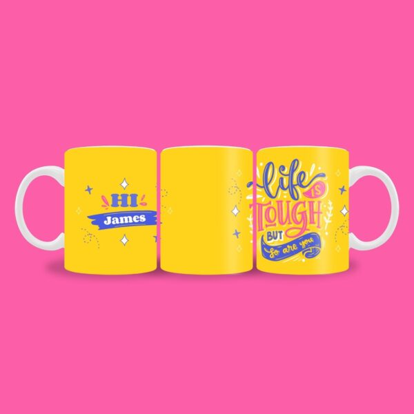 Yellow mug with name and quote